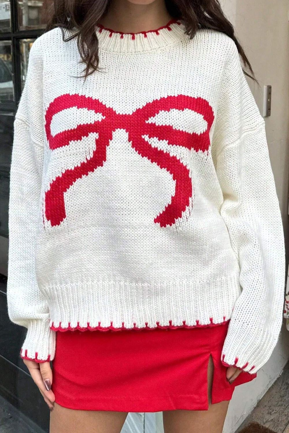 Bow Graphic Round Long Sleeve Sweater