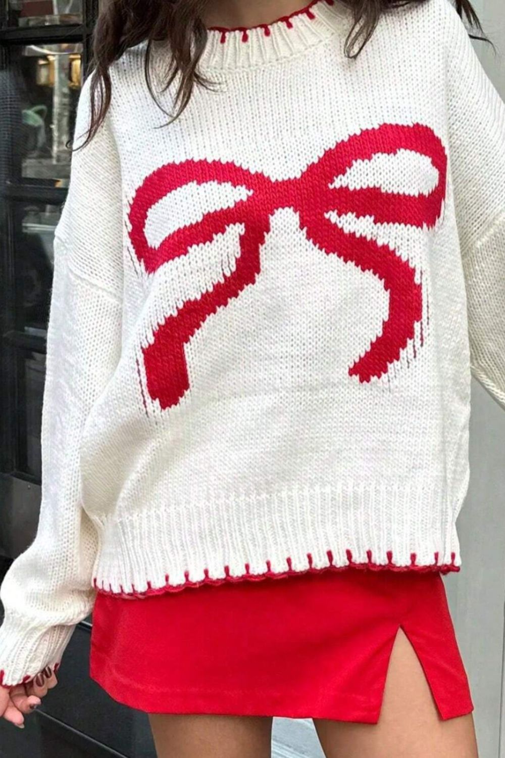 Bow Graphic Round Long Sleeve Sweater