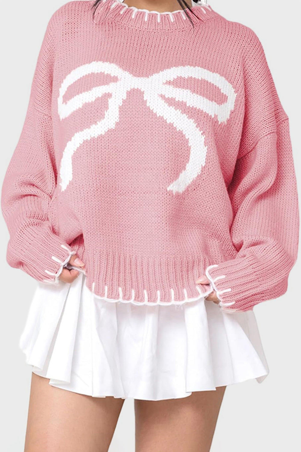 Bow Graphic Round Long Sleeve Sweater