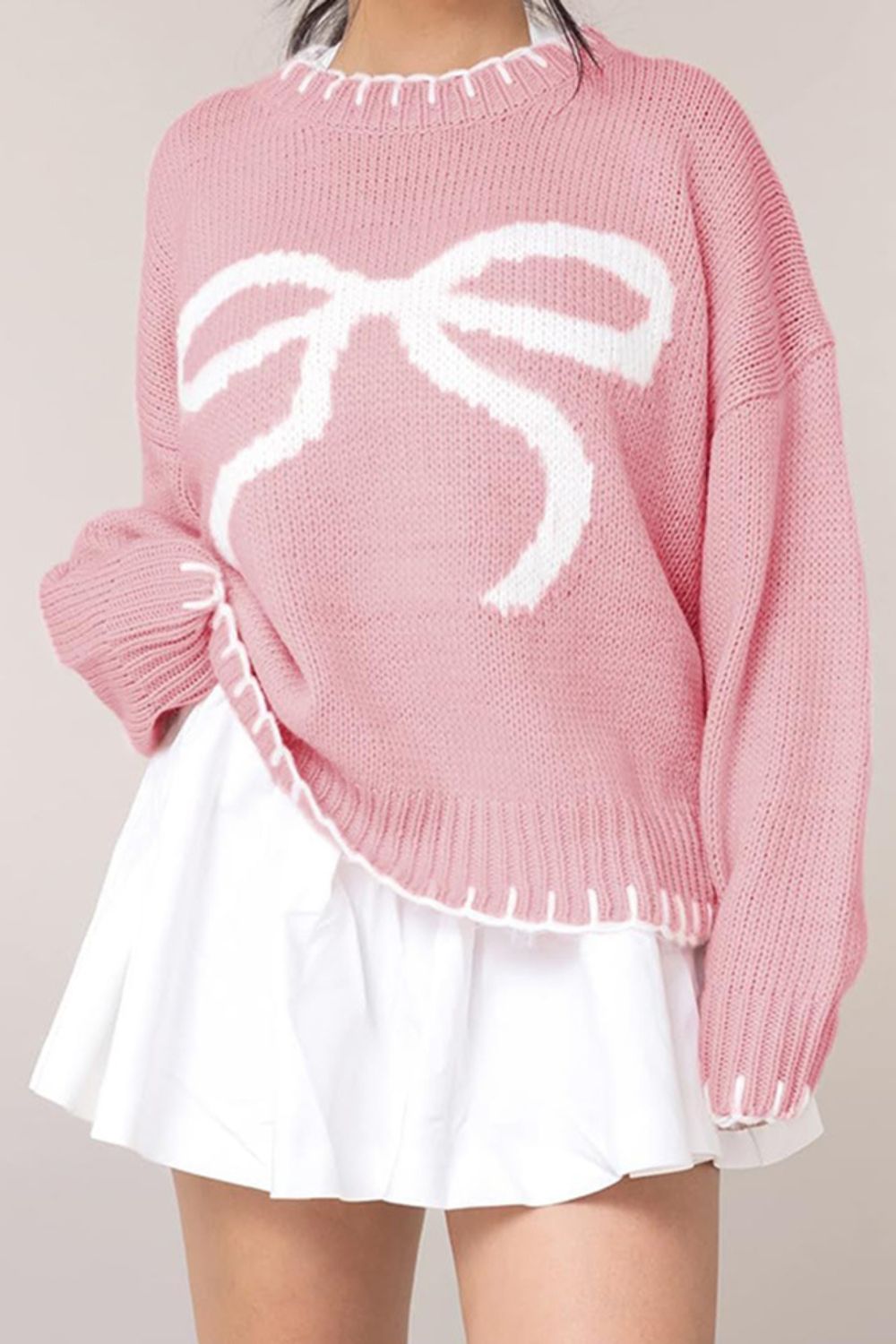 Bow Graphic Round Long Sleeve Sweater